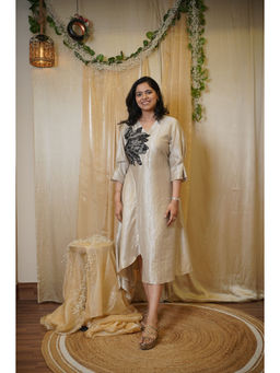 SHOWSHA - Dusky Beige Floral A Line Midi Dress