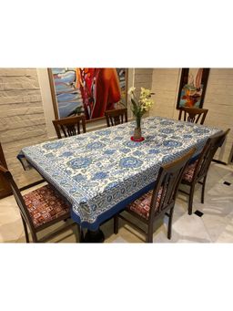 Stole & Yarn - Floral Blue Jaipuri 6 Seater Cotton Table Cover - 123