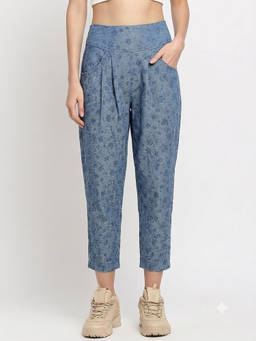 Tuna London - Women's Light Blue Printed Mid-Waist Pant