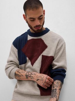 The Souled Store - Official Colourblock Cable Knit Pullover Men Oversized Pullover Sweater