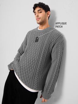 The Souled Store - Originals Cable Knit- Stone Gr Men Oversized Pullover Sweater