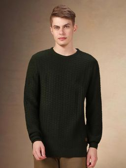 Dennis Lingo - Men Solid Olive Acrylic Regular Fit Full Sleeves Pullover Sweater