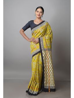 Unnati Silks - Yellow & Cream Pure Preet Bagru Chanderi Sico Saree with Unstitched Blouse