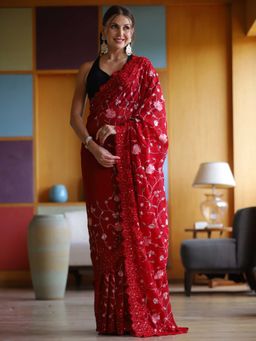 Odette - Red Georgette Embroidery Saree with Unstitched Blouse