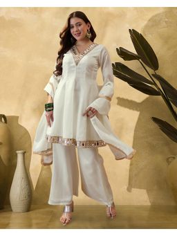 Gahan - Off White Natural Crepe Zari Mirror Cording Lace Kurta with Palazzo & Dupatta