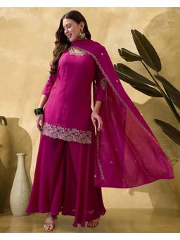 Gahan - Pink Georgette Zari Thread Cut Embroidered Hand Work Kurta with Palazzo & Dupatta