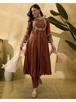 Gahan - Mocha Mal Chanderi Zari Thread Embroidered Anarkali Kurta with Pant & Dupatta