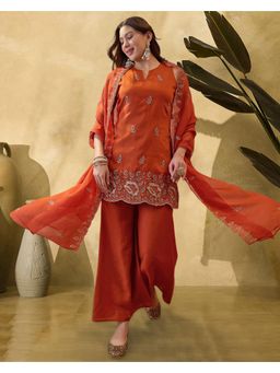 Gahan - Orange Santoon Silk Zari Embroidered Hand Work Kurta with Palazzo & Dupatta