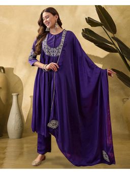 Gahan - Purple Crepe Zari Sequence Thread Embroidered Potli Anarkali Kurta & Pant with Dupatta