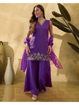 Gahan - Purple Shimmer Sequin Thread Embroidered Kurta with Sharara & Dupatta