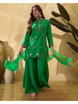 Gahan - Green Sequence Thread Mirror Cut Work Embroidered Kurta with Sharara & Dupatta
