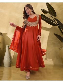 Gahan - Orange Georgette Zari Sequence Cording Embroidery Anarkali Kurta with Pant & Dupatta