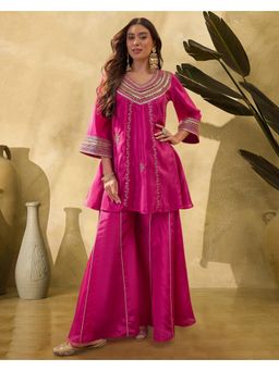 Gahan - Pink Silk Blend Zari Sequence Thread Gota Embroidery Kurta with Palazzo