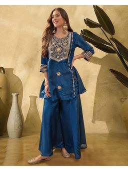 Gahan - Teal Zari Sequence Thread Mirror Work Embroidered Kurta with Palazzo