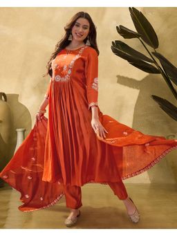 Gahan - Orange Mal Chanderi Thread Sequence Embroidered Anarkali Kurta with Pant & Dupatta