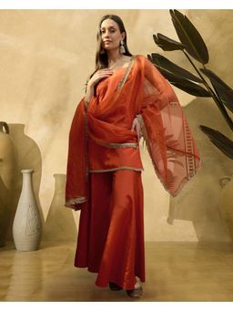 Gahan - Orange Santoon Silk Kurta with Sharara and Dupatta