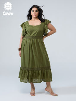 Twenty Dresses by Nykaa Fashion - Twenty Dresses by Nykaa FashionCurve Olive Green Sweetheart Neck Laced Ruffled Midi Dress