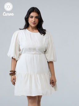 Twenty Dresses by Nykaa Fashion - Twenty Dresses by Nykaa FashionCurve Cream Round Neck Puff Sleeves Laced Mini Dress