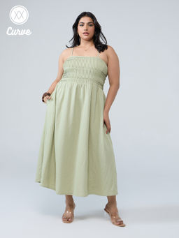 Twenty Dresses by Nykaa Fashion - Twenty Dresses by Nykaa FashionCurve Light Green Strappy Smocked Fit and Flare Midi Dress