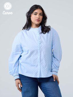 Twenty Dresses by Nykaa Fashion - Twenty Dresses by Nykaa FashionCurve Blue Full Sleeves Frilled Neck Shirt