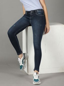 SHOWOFFFF - Women's Stretchable Low Distress Navy Blue Slim Fit Jeans