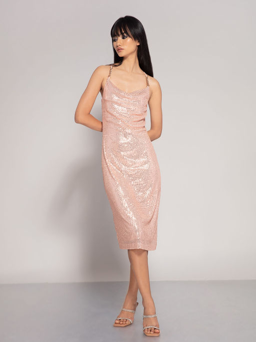 Buy Twenty Dresses by Nykaa Fashion Rose Gold Sequined Cowl Neck Midi Dress  Online