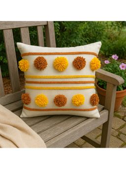 THROW PILLOW - Artisan White Braided & Pom-Pom with Yellow & Copper Cushion Cover