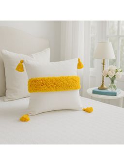 THROW PILLOW - Sunny White with Yellow Tufting & Tassels Cushion Cover for Bright Décor