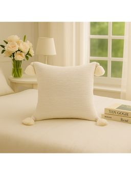 THROW PILLOW - Classic Contrast Ivory Basketweave with White Tassels Cushion Cover