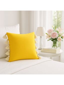 THROW PILLOW - Sunshine Basketweave Mustard Cotton with White Tassels Cushion Cover