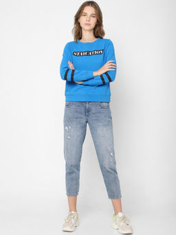 ONLY - Round Neck Long Sleeve Chest Placement Typographic Printed Sweat With Print On Sleeves