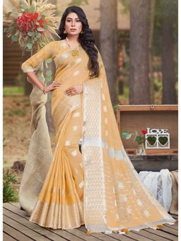 Sangam Prints - Beige Linen Woven Work Traditional Saree with Unstitched Blouse