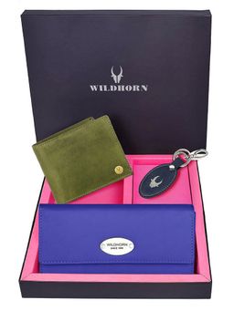 WILDHORN - Premium Leather Ladies Wallet, Mens Wallet and Keychain Gift -1K_BL_2052GNH_K (Set of 3)