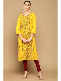 Soch - Mustard Yellow Rayon Kurta with Printed Designs