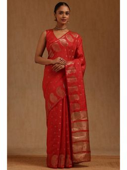 Soch - Red Art Silk Handloom Saree With Unstitched Blouse