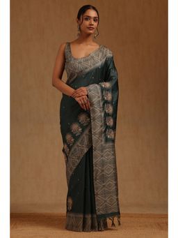 Soch - Green Tussar Embroidered Saree With Unstitched Blouse