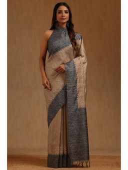 Soch - Beige Tussar Embroidered Saree With Unstitched Blouse