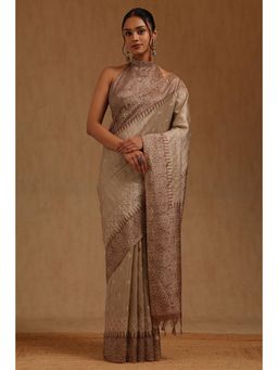 Soch - Brown Tussar Embroidered Saree With Unstitched Blouse