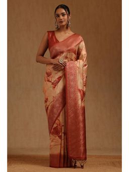 Soch - Rust Silk Blend Printed Saree With Unstitched Blouse