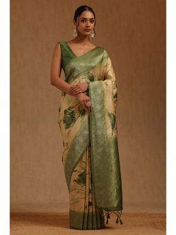 Soch - Green Silk Blend Printed Saree With Unstitched Blouse