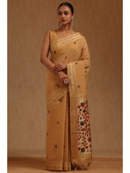 Soch - Beige Chanderi Handloom Saree With Unstitched Blouse