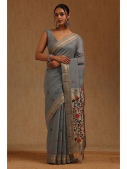 Soch - Grey Chanderi Handloom Saree With Unstitched Blouse