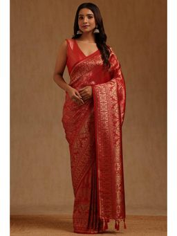 Soch - Red Tussar Handloom Saree With Unstitched Blouse