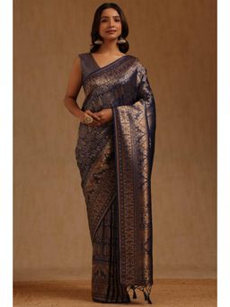 Soch - Navy Blue Tussar Handloom Saree With Unstitched Blouse