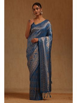 Soch - Blue Tussar Handloom Saree With Unstitched Blouse