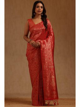Soch - Red Tussar Handloom Saree With Unstitched Blouse