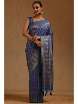 Soch - Blue Tussar Handloom Saree With Unstitched Blouse