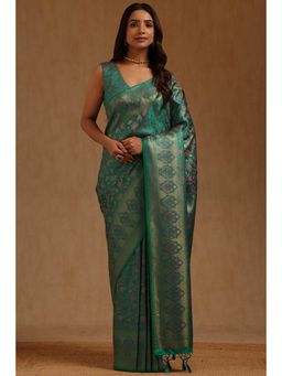 Soch - Green Tussar Handloom Saree With Unstitched Blouse