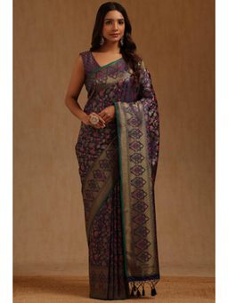 Soch - Navy Blue Tussar Handloom Saree With Unstitched Blouse