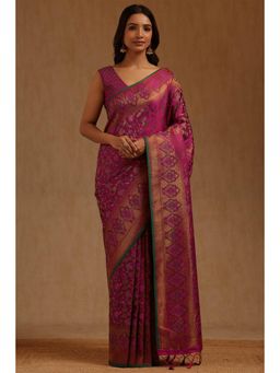 Soch - Magenta Tussar Handloom Saree With Unstitched Blouse